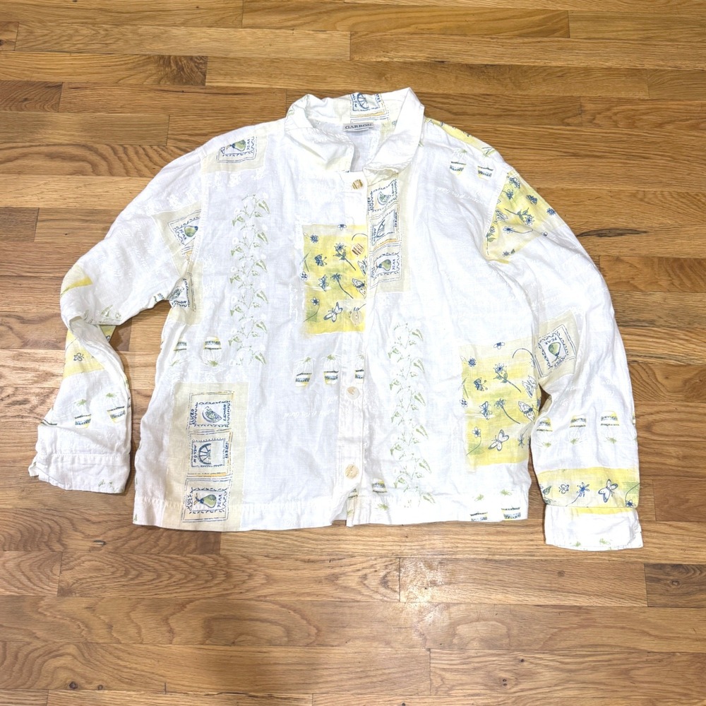 Garron Womens Linen Button Down Shirt Large White Yellow Butterfly Botanical USA